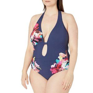 Kenneth Cole plus size swimsuit 3x navy floral halter one piece bathing suit